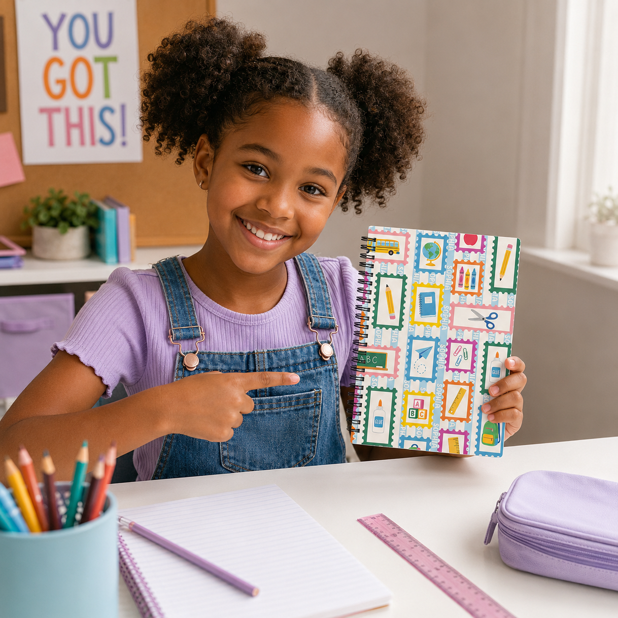 Personalized Colorful School Icons Pencils Books Apples Crayons Rainbow Back To School Kids Name Spiral Notebook