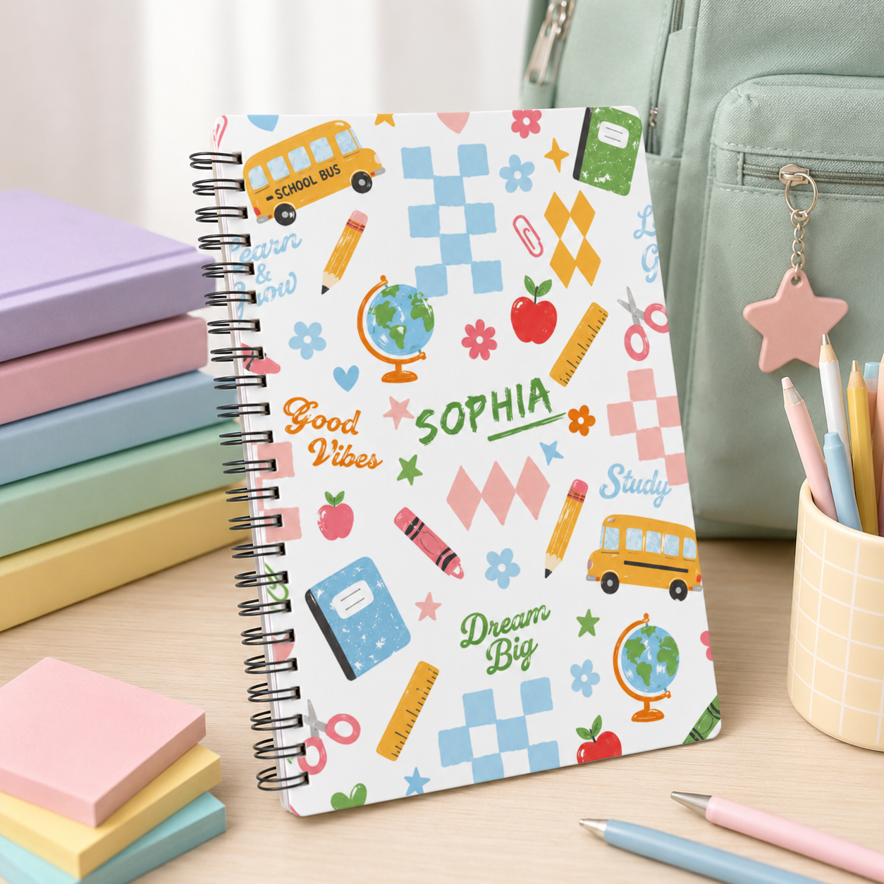 Personalized Cute School Doodles Hand Drawn Pencils Books Buses Hearts Stars Back To School Kids Spiral Notebook