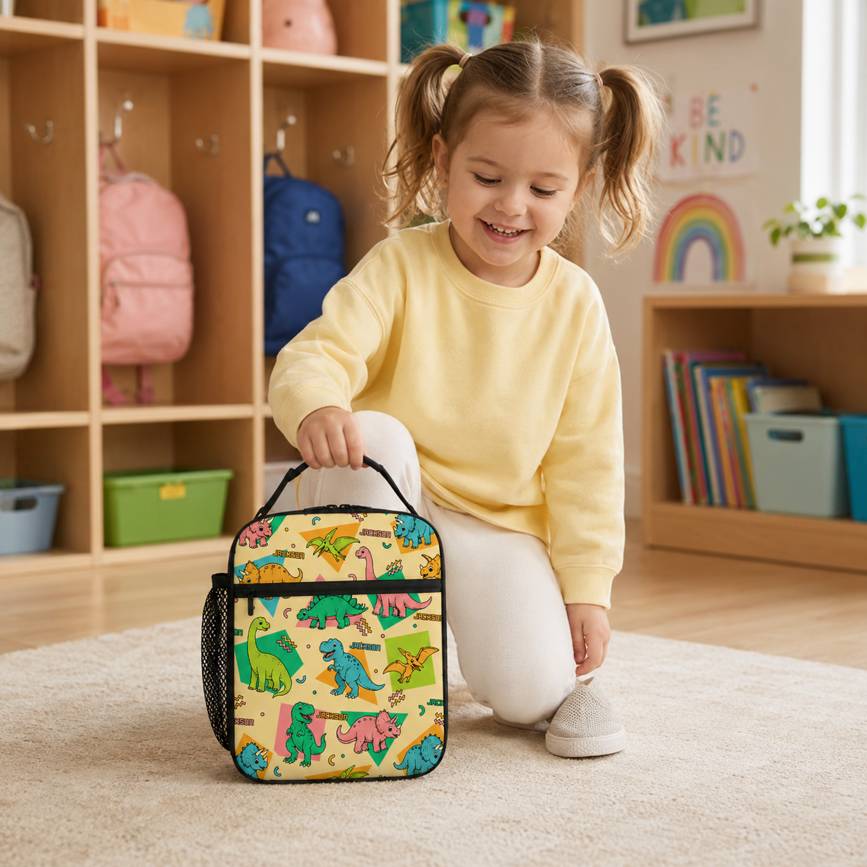 Personalized Colorful Cartoon Dinosaur Kids Back To School Insulated Reusable Snack And Meal Tote Box Lunch Bag