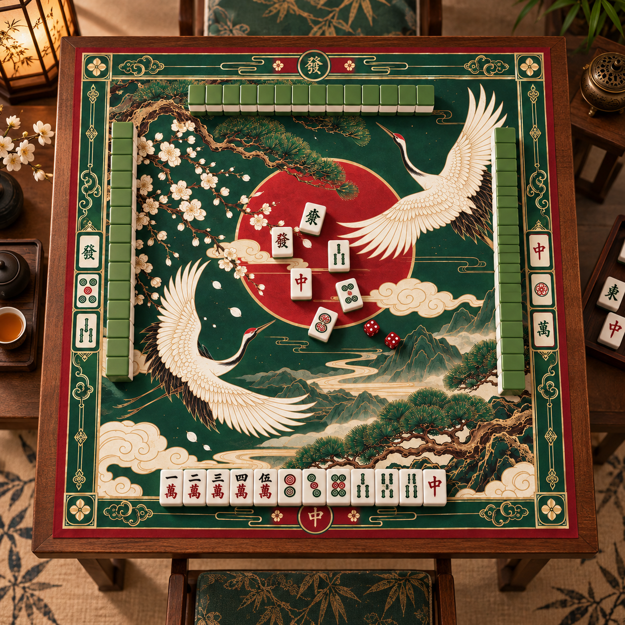 New Chinese Style Mahjong Mat Cranes and Pine Aesthetics