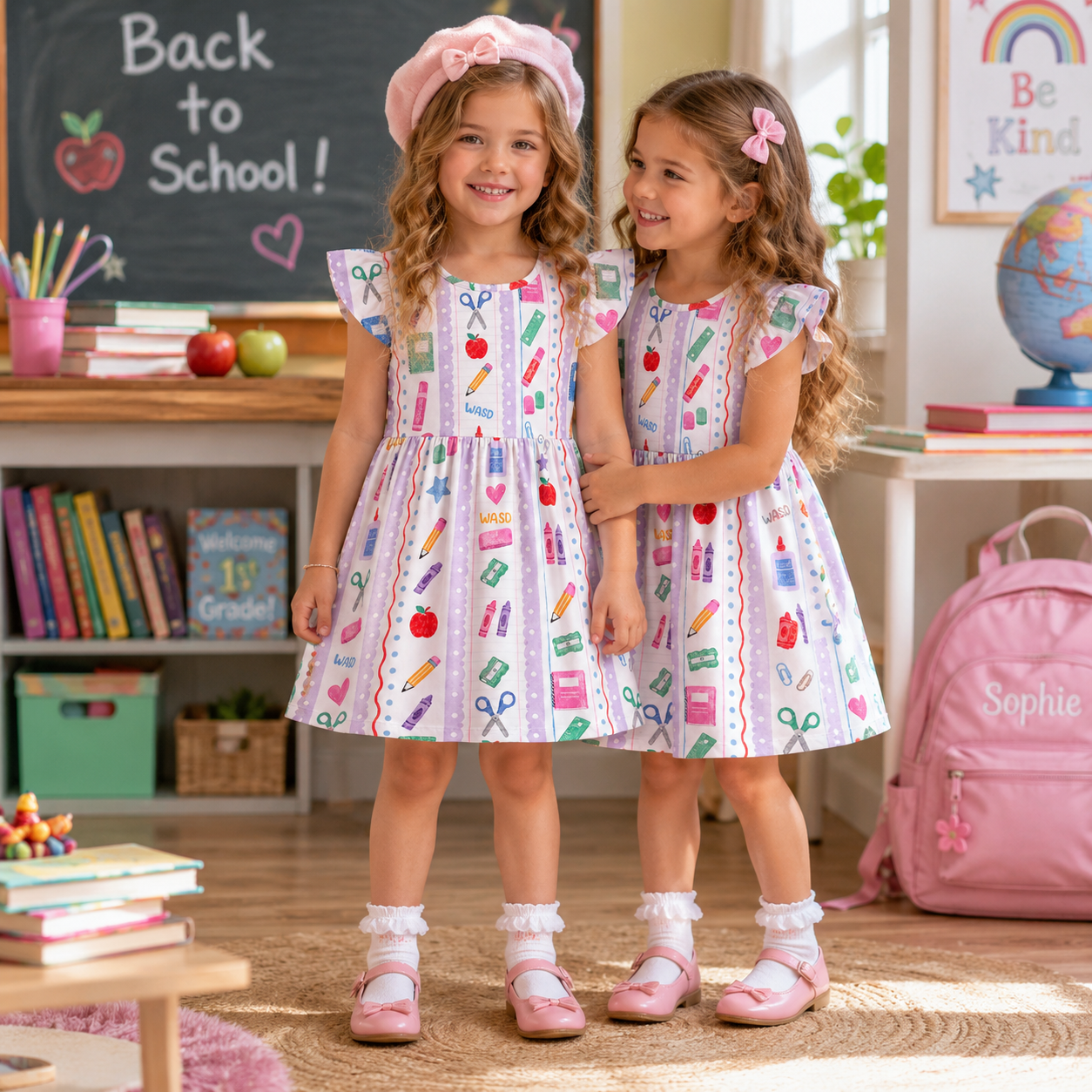 Personalized Cute Teacher Classroom Supplies Pencil Apple Ruler Notebook Rainbow Print Back To School Coquette Ruffle Dress
