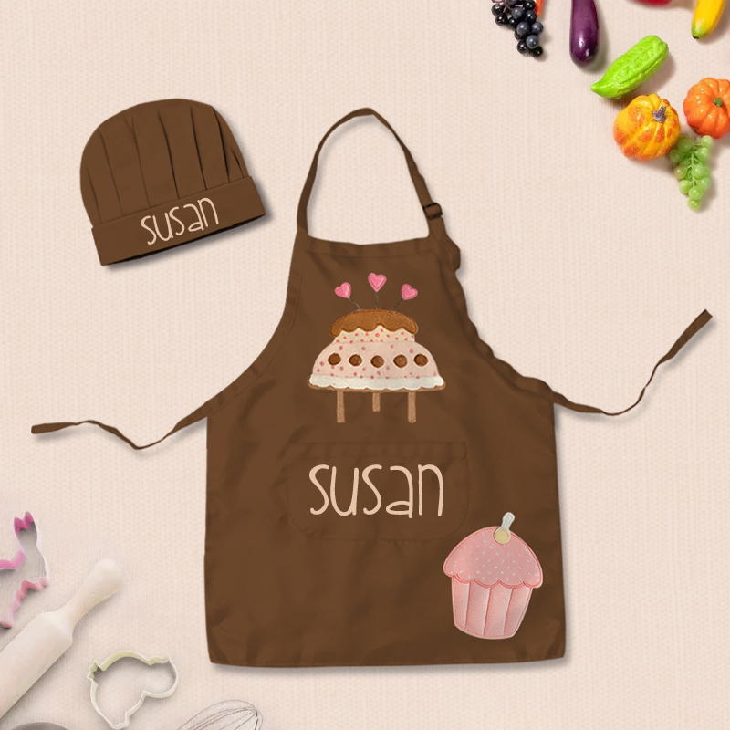 Personalized Checkered Cake Adjustable Kid Apron Chef Hat Set with Pocket and Name for Cooking Baking Birthday Holiday Gift for Kids