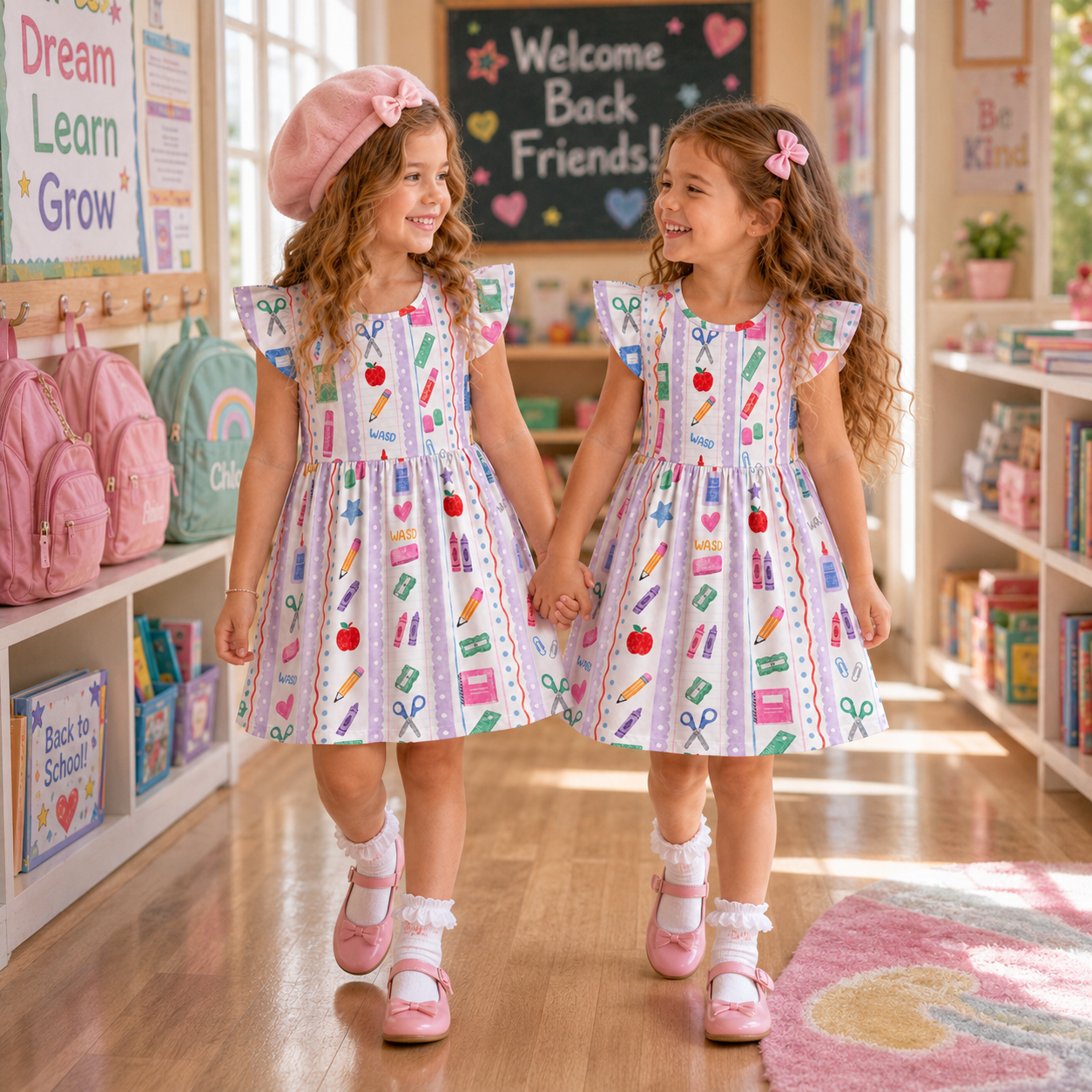 Personalized Cute Teacher Classroom Supplies Pencil Apple Ruler Notebook Rainbow Print Back To School Coquette Ruffle Dress