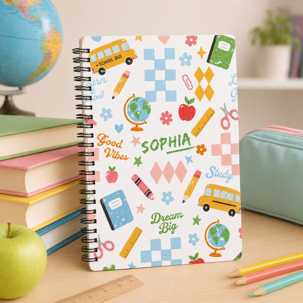 Personalized Cute School Doodles Hand Drawn Pencils Books Buses Hearts Stars Back To School Kids Spiral Notebook