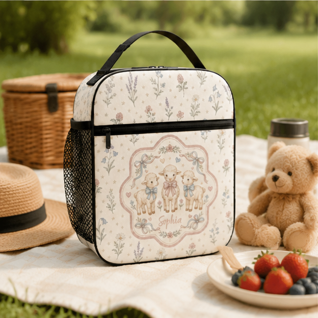 Personalized Cute Woodland Animals Floral Frame Pastel Nursery Style Kids Name Insulated Picnic School Lunch Bag