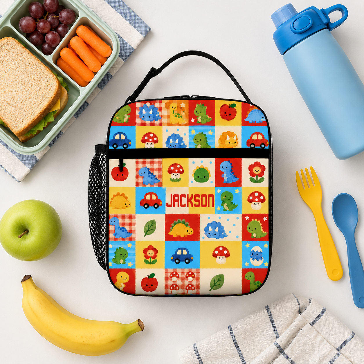 Personalized Bright Arcade Game Icons Pixel Monsters Joystick Retro Gamer Kids Name Colorful Blocks Pattern Insulated Lunch Bag