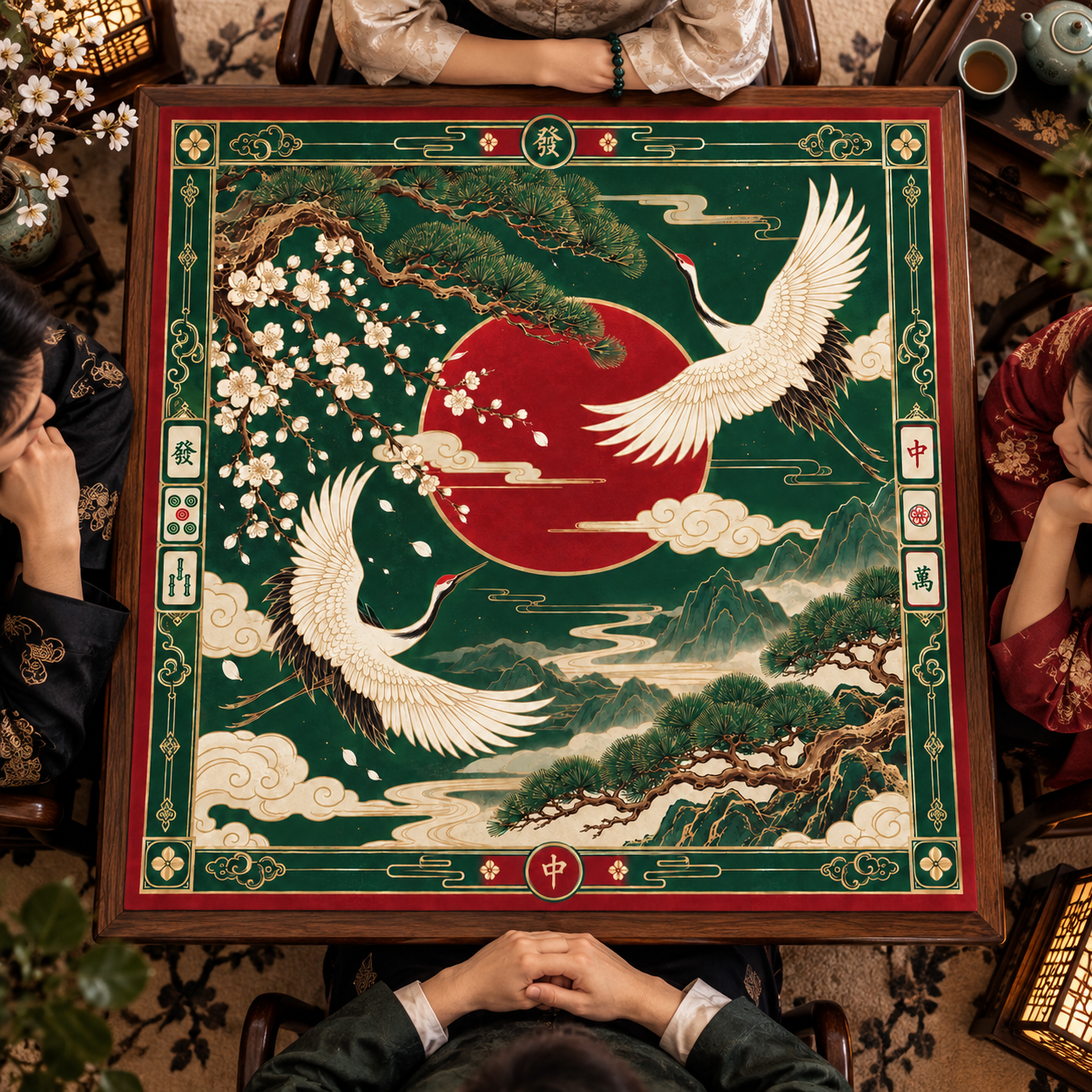 New Chinese Style Mahjong Mat Cranes and Pine Aesthetics