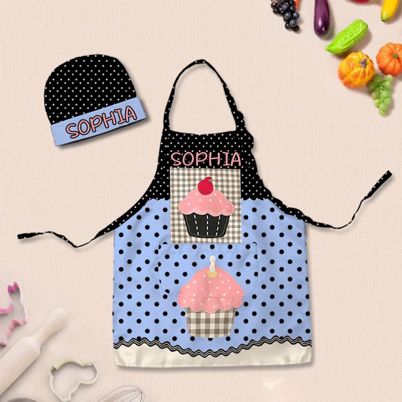 Personalized Polka Dot Color Block Cake Adjustable Kid Apron Chef Hat Set with Pocket and Name for Cooking Baking Birthday Holiday Gift for Kids