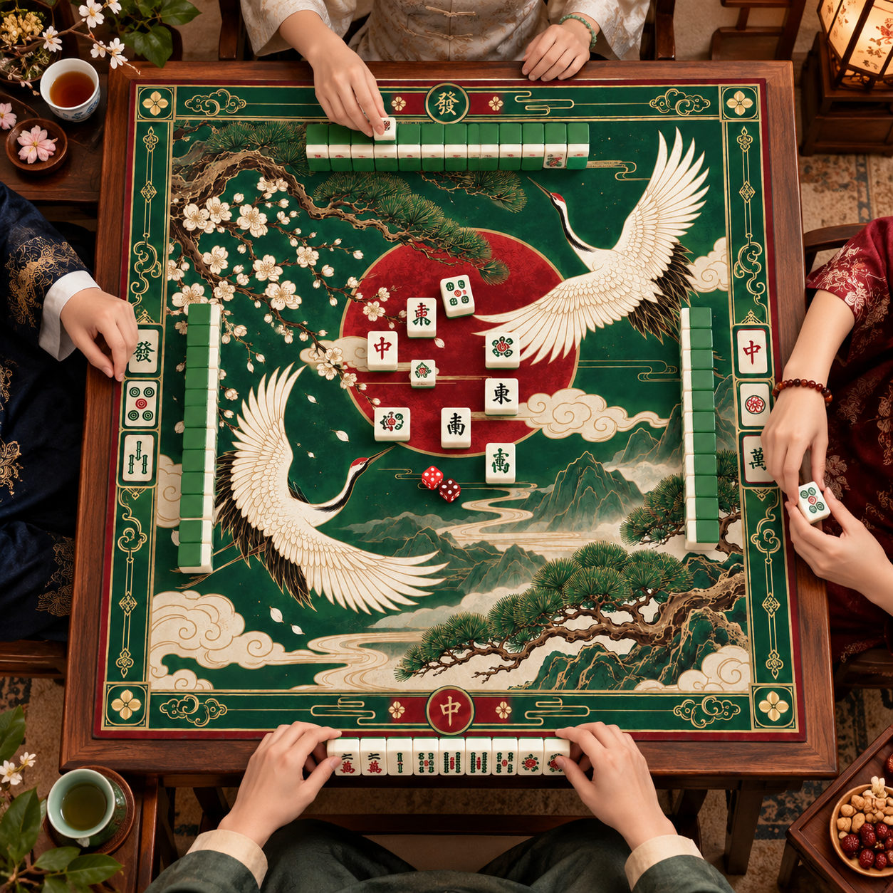New Chinese Style Mahjong Mat Cranes and Pine Aesthetics