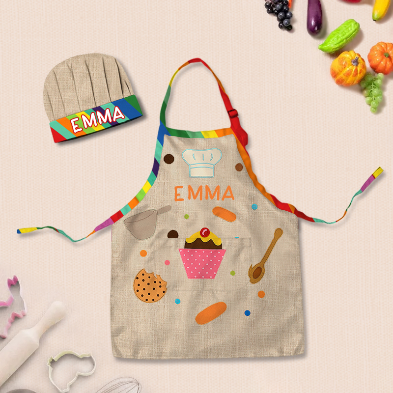 Personalized Cooking Elements Adjustable Kid Apron Chef Hat Set with Pocket and Name for Cooking Baking Birthday Holiday Gift for Kids