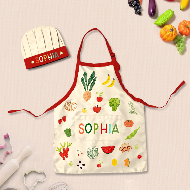 Personalized Hand Drawn Fruits Vegetables Adjustable Kid Apron Chef Hat Set with Pocket and Name for Cooking Baking Birthday Holiday Gift for Kids