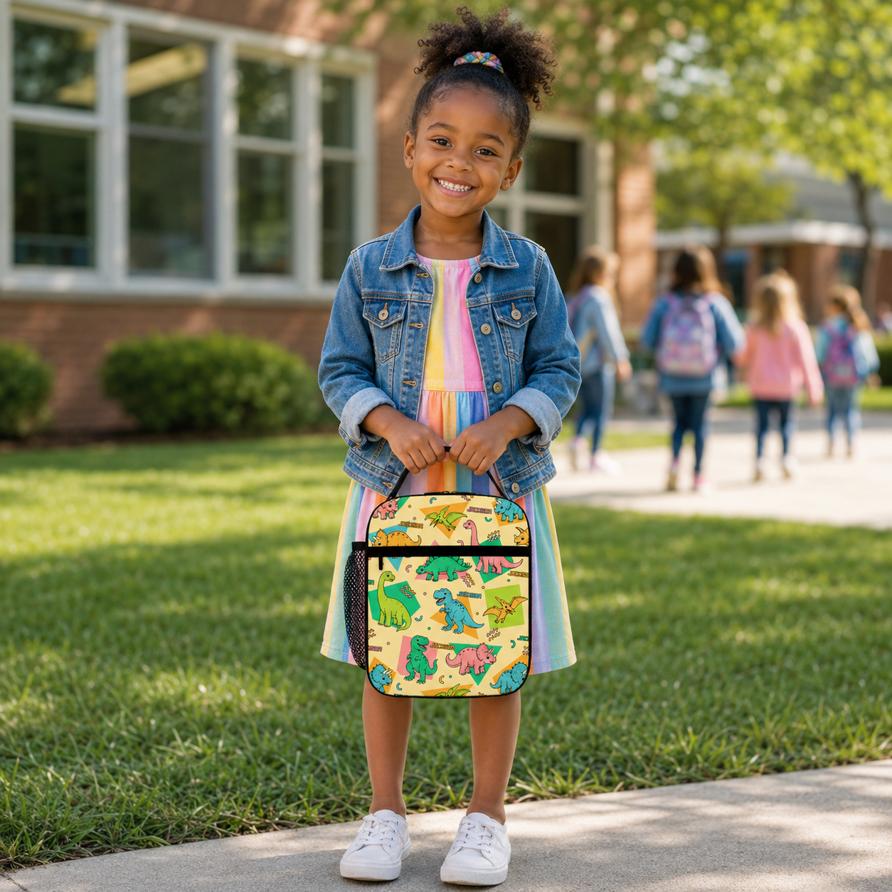 Personalized Colorful Cartoon Dinosaur Kids Back To School Insulated Reusable Snack And Meal Tote Box Lunch Bag