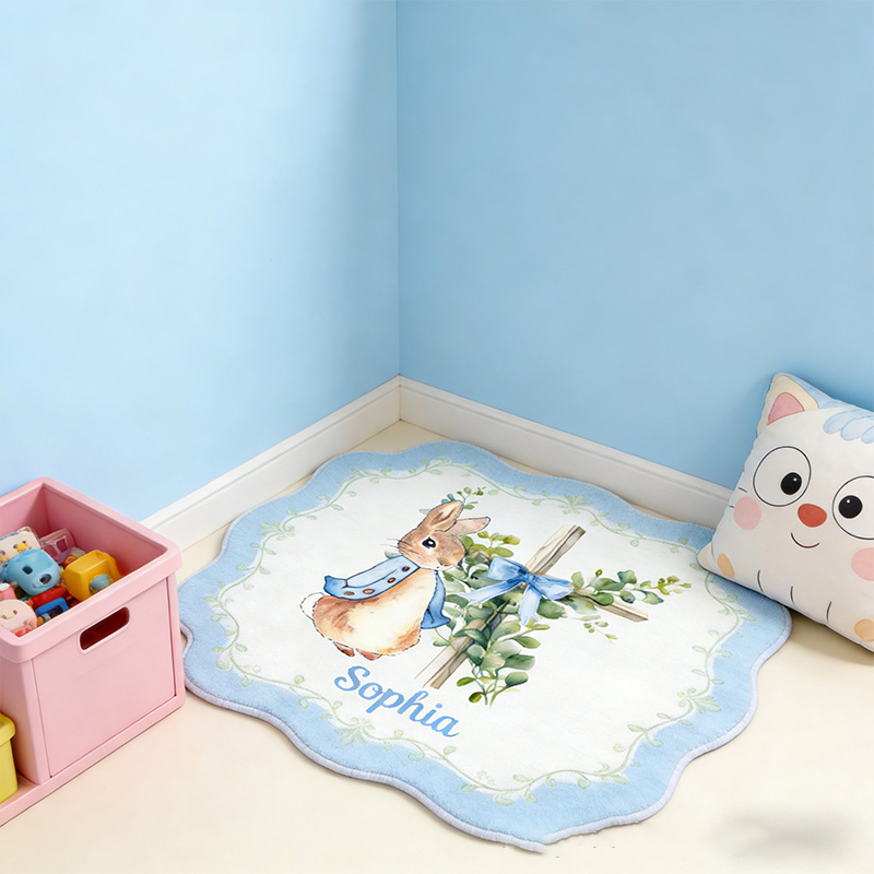 Personalize Floral Bow Cross Rabbit Rug with Custom Name Home Decor Religious Rug Faith Based Gift Easter Gift Christian Gift for Kids