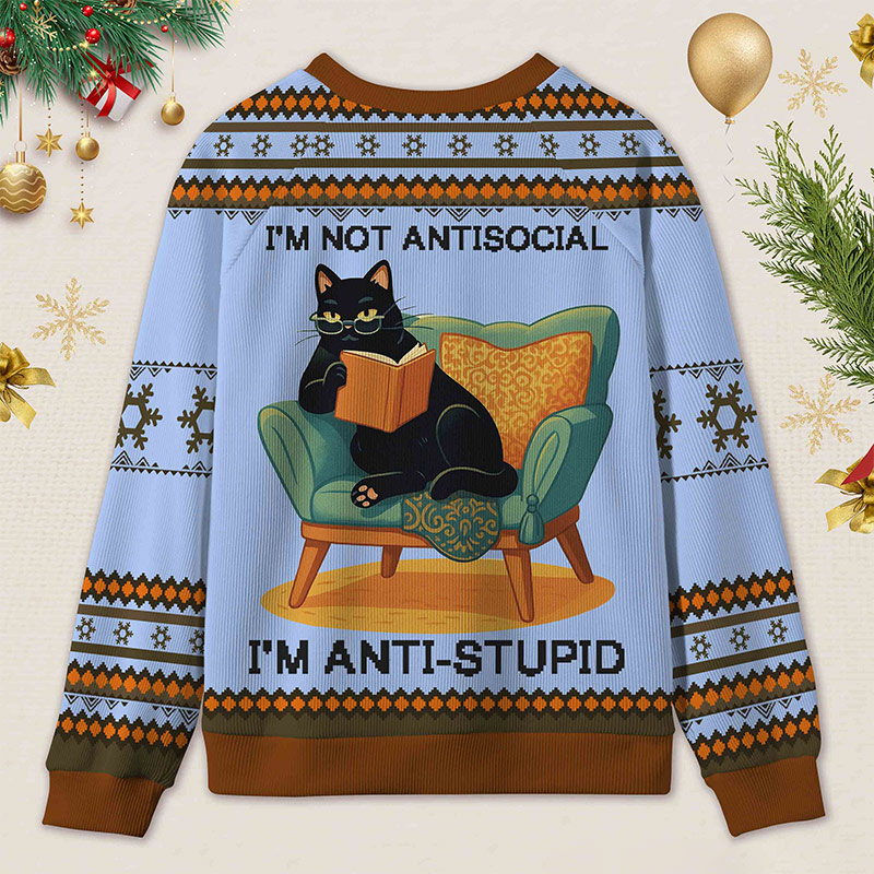 Personalized Wise Bookish Cat Reading Ugly Sweater Holiday Gift for Book Lovers
