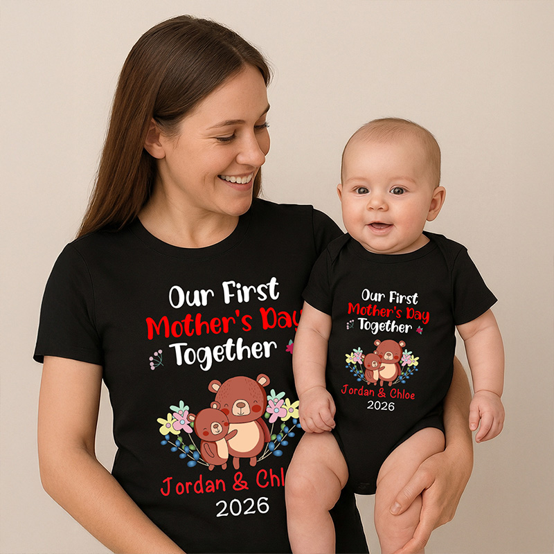 Personalized Cute Bear Bunny Giraffe 100% Cotton T-Shirt and Baby Onesie Our First Mother's Day T-shirt Funny Mummy and Baby Gift Mama and Me tee Baby bodysuit