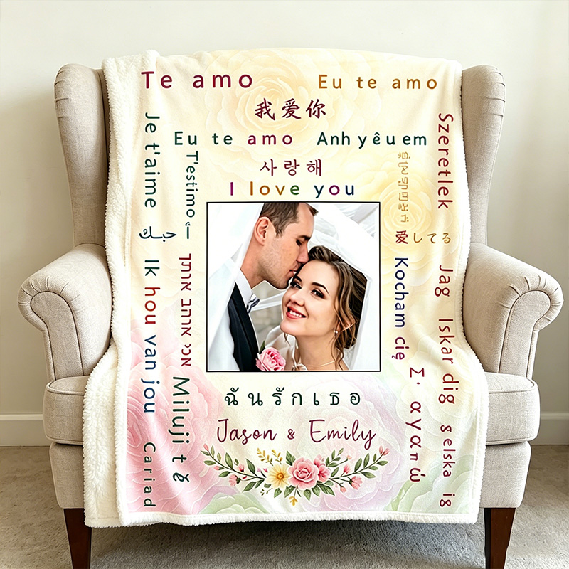 Personalized Love in Different Language Couple Blanket with Names Couple Anniversary Gift Wedding Gift for Newlyweds