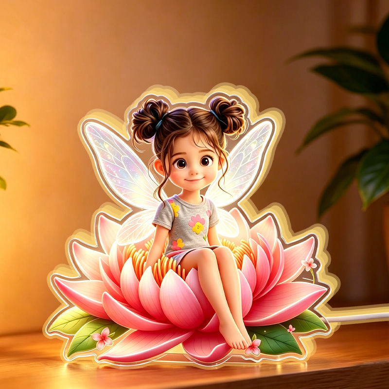 Personalized Birth Fairy Girl Sitting On Glowing Lotus Flower Wings Pastel Garden Magic Fantasy Kids Bedroom Night Light