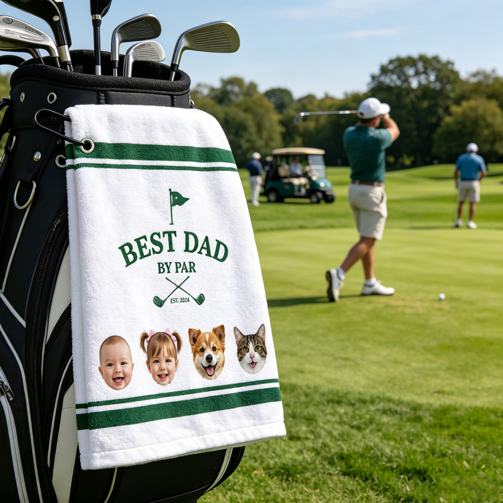 Personalized Golf Towel Simple Green Line Custom with Kid and Pet Images Father's Day Gift