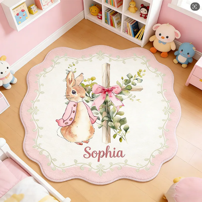 Personalize Floral Bow Cross Rabbit Rug with Custom Name Home Decor Religious Rug Faith Based Gift Easter Gift Christian Gift for Kids