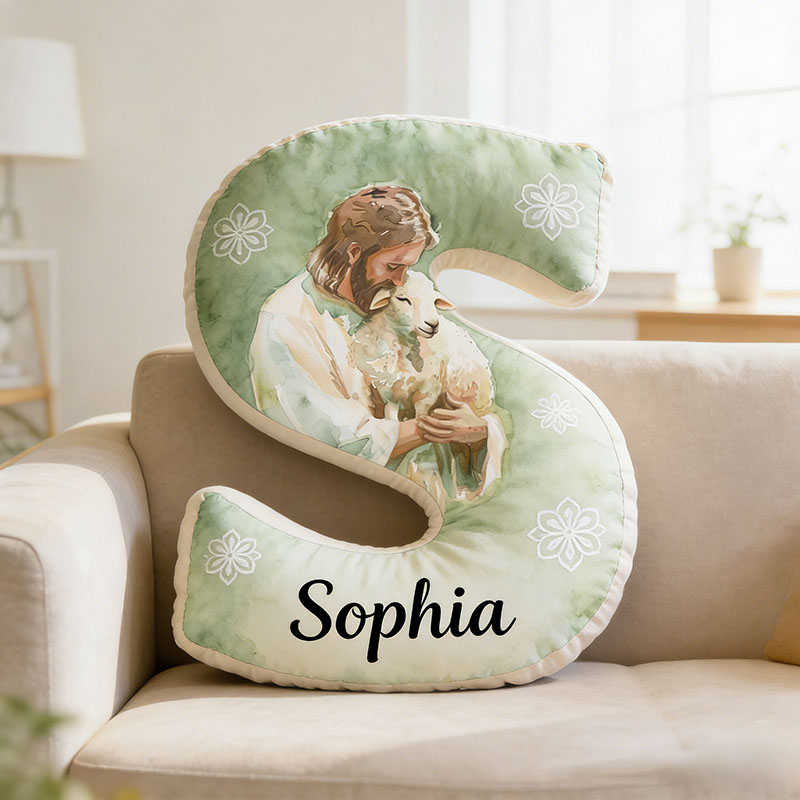 Personalized Jesus and Lamb Green Letter Pillow with Custom Name Religious Home Decor the Lost Sheep Graphic 3D Print Pillow Faith Gift