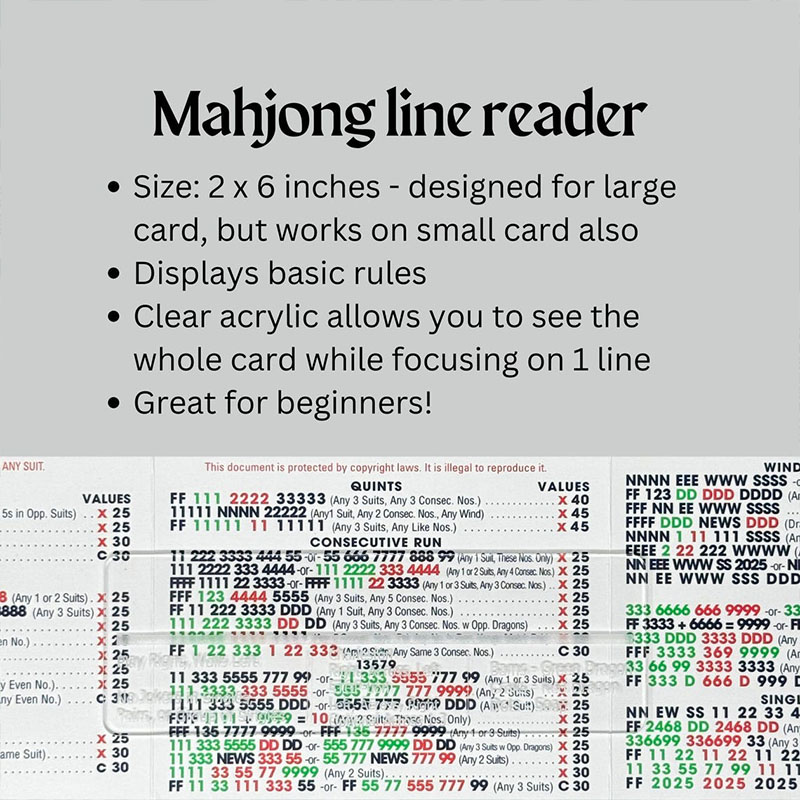 Mahjong Line Finder Reader with Rules Clear Mah Jongg Line Reader Mahj Rules Helper Mahjong Gifts Mahjong Accessories Mahj Line Guide