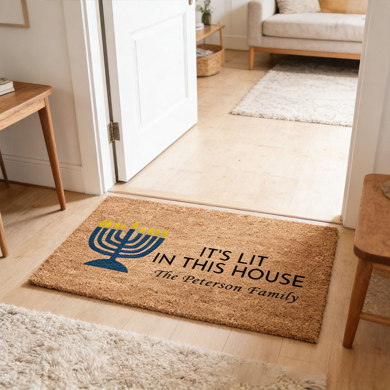 Personalized It's Lit in this House Doormat with Custom Family Name Non-Slip Durable Front Door Decor Hanukkah Doormat Religious Gift