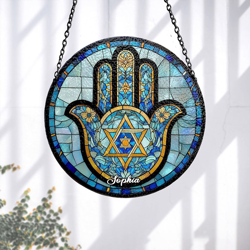 Personalized Hamsa Hand Star of David Stained Glass Suncatcher Ornament with Custom Name Jewish Festival Window Hanging Decor Hanukkah Gift Religious Gift
