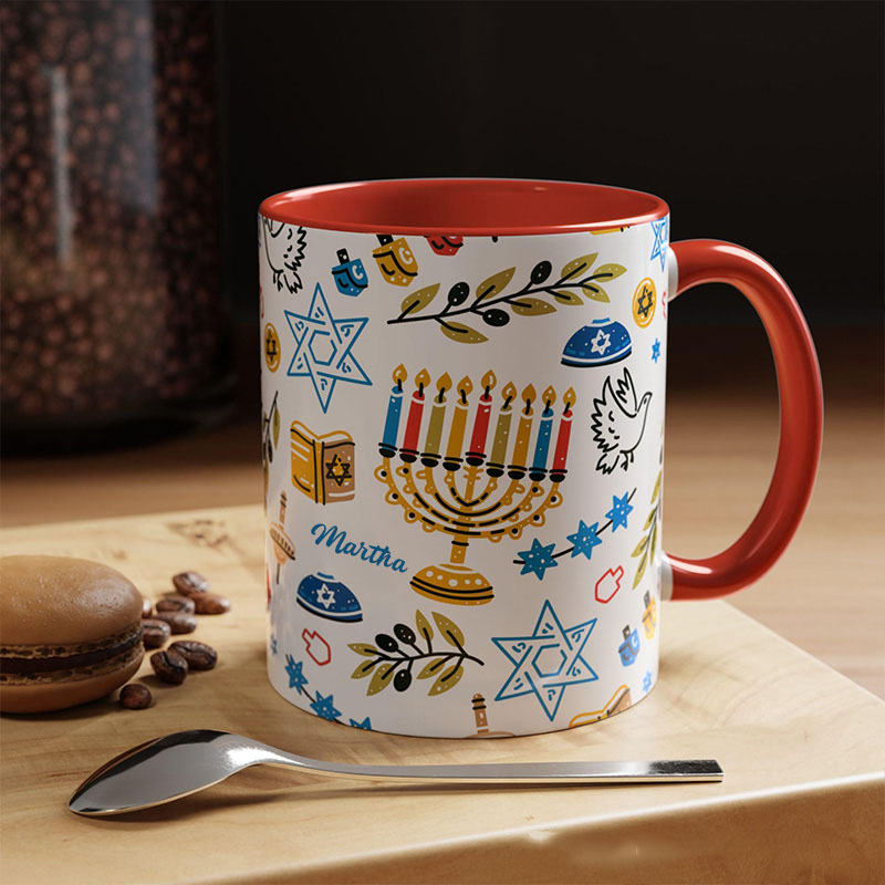 Personalized Hanukkah Menorah Ceramic Mug with Name Chanukah Coffee Mug Religious Gift Happy Hanukkah Gift for Jewish people Hanukkah