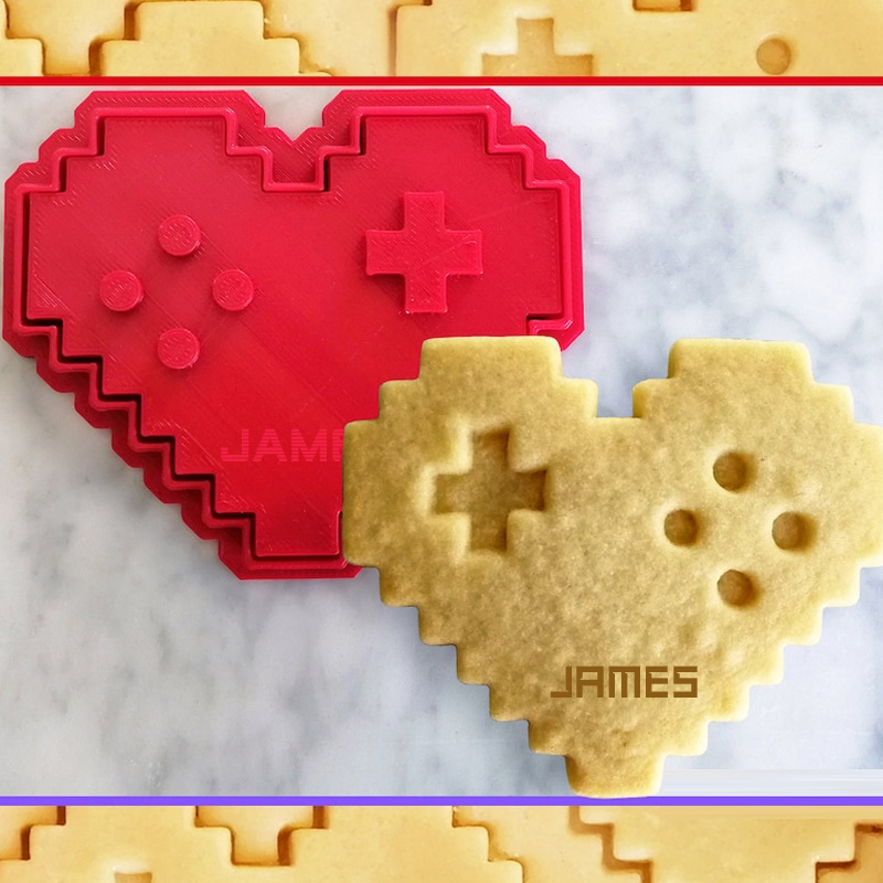 Personalized 8 Bit Gamer Heart Cookie Cutter 3D Printed Baking Supplies Fondant Tool Craft Stamp for Gamer Geek Lover