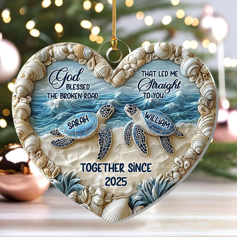 Personalized God Blessed the Broken Road Sea Turtle Couple Heart Acrylic Ornament with Name Christian Gift Valentine's Day Gift for Couple 
