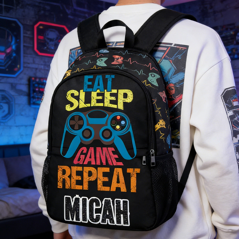 Personalized Eat Sleep Game Repeat Gaming Backpack For Gamer Boys Geek Lover