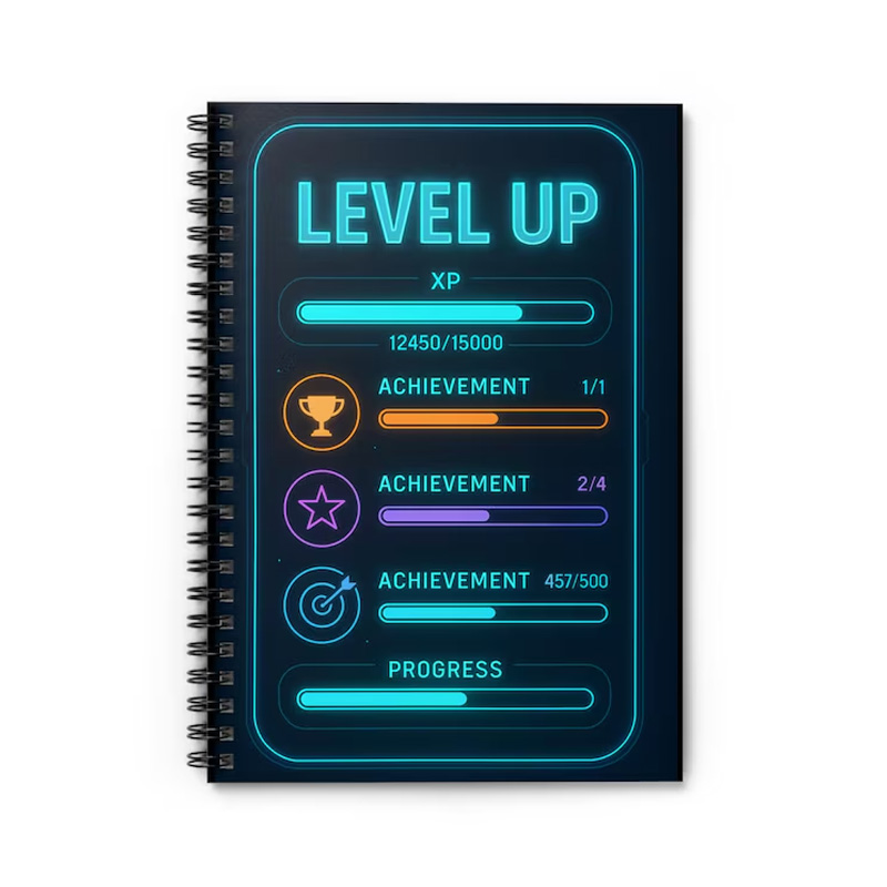 Personalized Gamer XP Tracker Spiral Notebook Gaming Design Productivity Log for Geek Lover