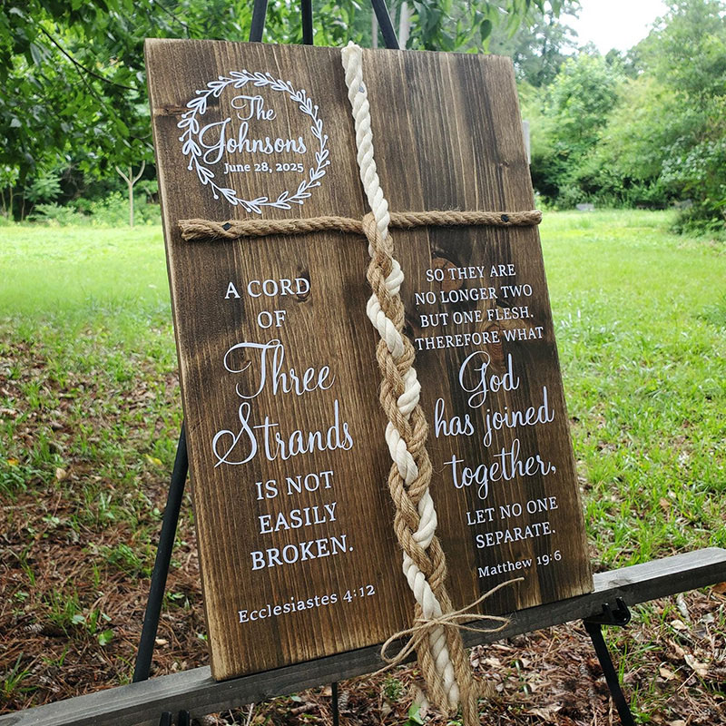 Personalized a Cord of Three Strands Wooden Wedding Sign with Custom Family Name and Date Religious Home Decor Gift for Couple Wedding Gift