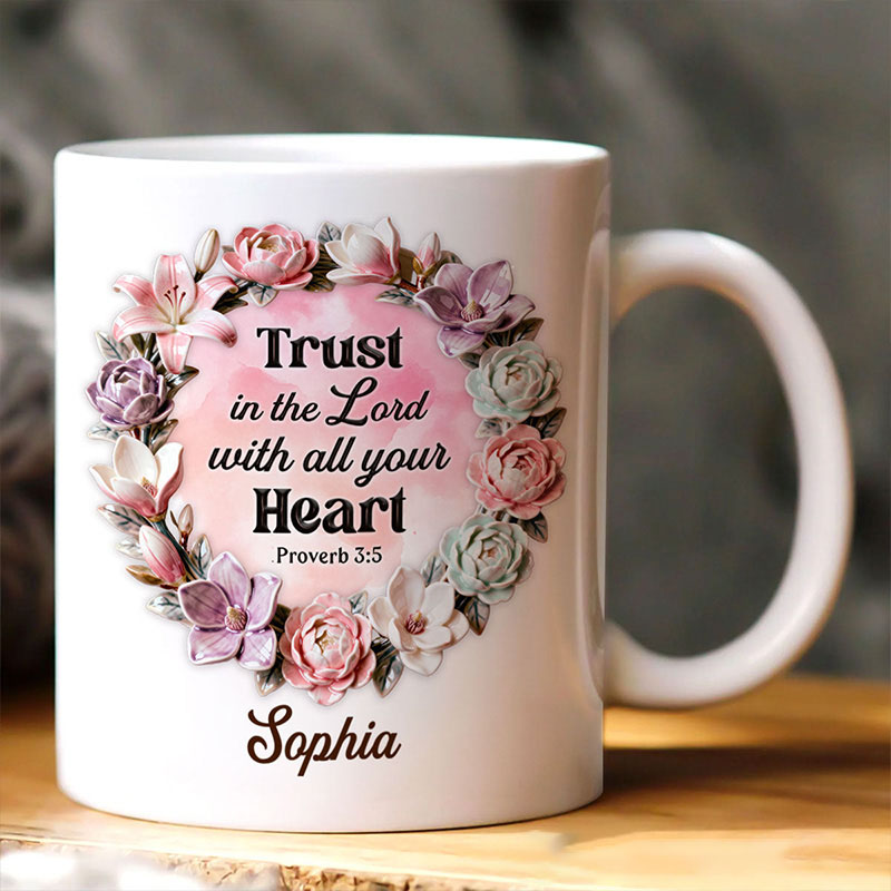 Personalized Trust in the Lord with all Your Heart Ceramic Mug with Custom Name Bible Verse Coffee Cup Valentine Gift for Women