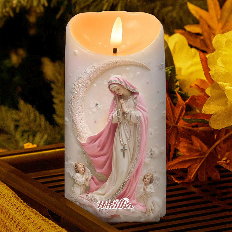 Personalized Soft Light Sacred Night Virgin Mary Flameless LED Candle with Name Catholic Gift Religious Decor Prayer Faith Gift