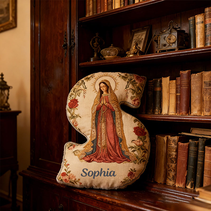 Personalized Our Lady of Guadalupe Rose Floral Graphic 3D Print Letter Pillow with Custom Name Religious Home Decor Catholic Gift for Women