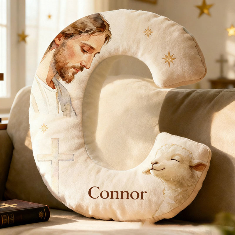 Personalized Jesus Lamb Letter Pillow with Custom Name Religious Home Decor Graphic 3D Print Pillow Christian Gift Faith Gift 