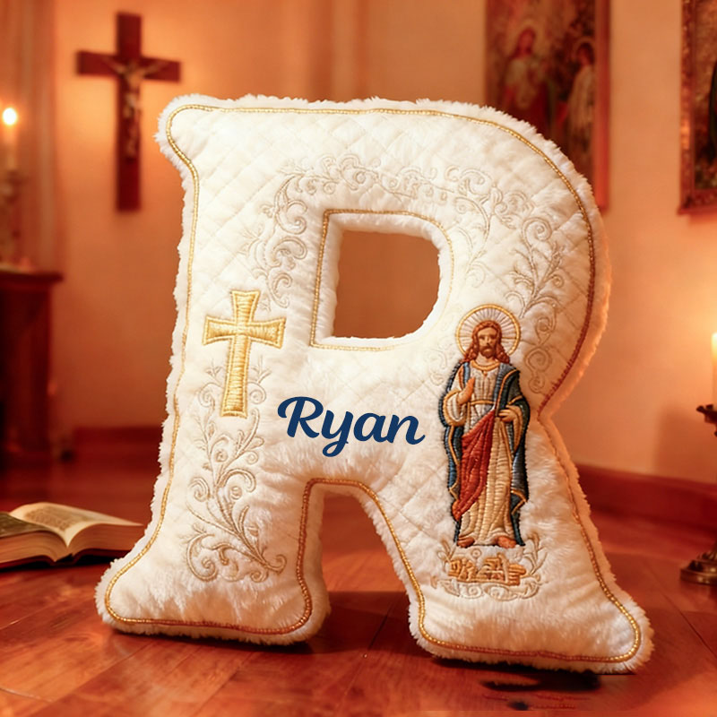 Personalized Jesus Cross Letter Pillow with Custom Name Home Decor Graphic 3D Print Pillow Religious Faith Gift for Christians Jesus Lover Gift