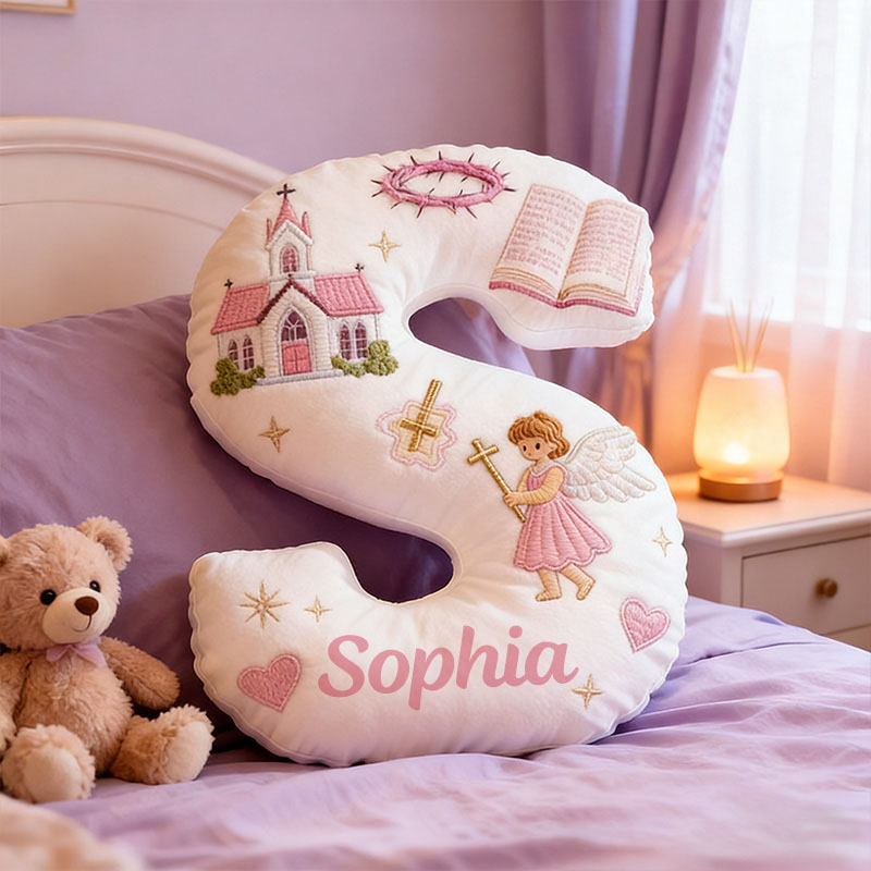 Personalized Little Angel Letter Pillow with Custom Name Kid Room Decor Church Cross Angel Bible Religious Faith Gift for Her Graphic 3D Print Pillow