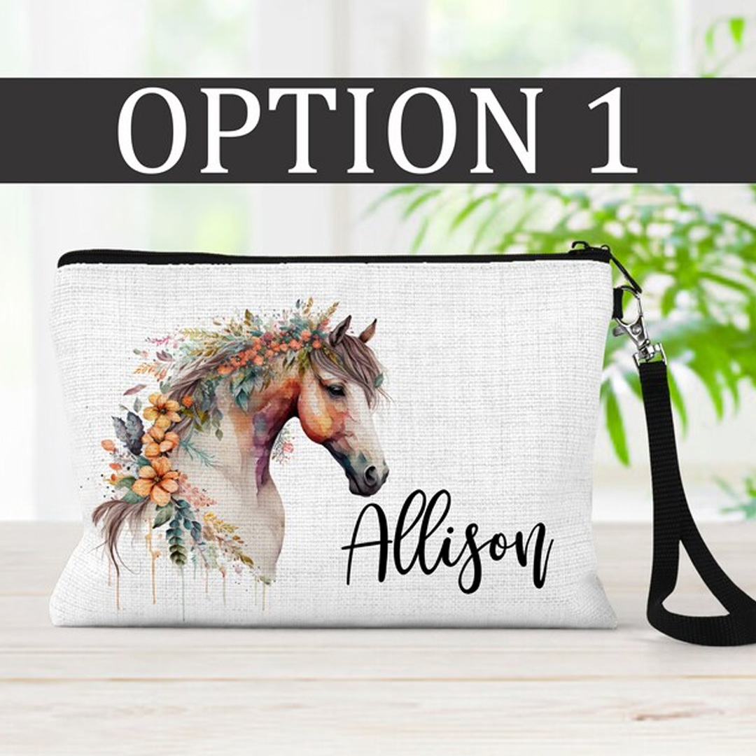 Personalized Equestrian Makeup Bag Equestrian Cosmetic Bag Horse Lover Gift Linen Zipper Pouch for Riding Lovers