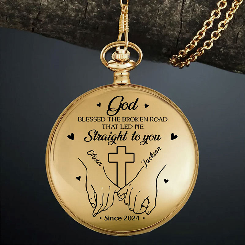 Personalized God Blessed the Broken Road that Led me Straight to you Pocket Watch with Custom Name Cross Pocket Watch Religious Gift for Couple Valentine's Day Gift