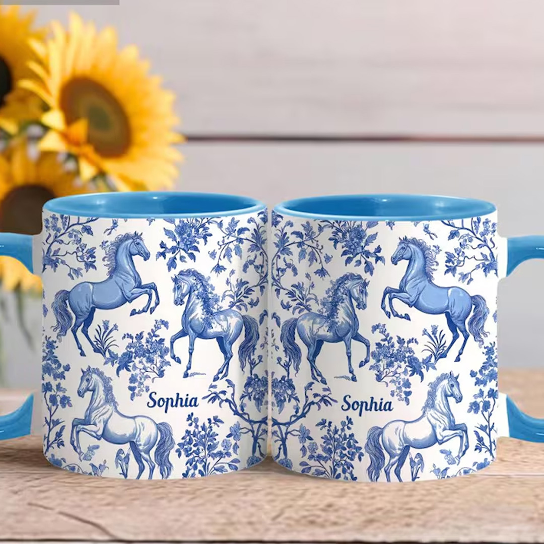 Personalized Multicolor Equestrianism Pattern Ceramic Coffee Mug with Text and Coaster Anniversary Birthday Gift for Equestrians Cowgirls Riding Lovers