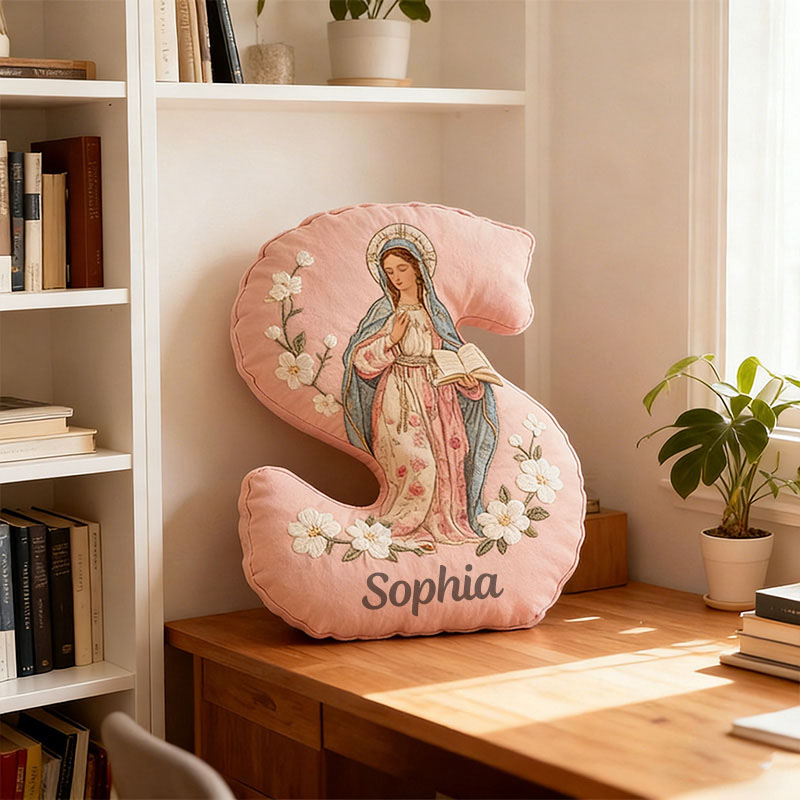 Personalized Virgin Mary Floral Letter Pillow with Custom Name Catholic Home Decor Religious Gift for Her Blessed Faith Gift Graphic 3D Print Pillow