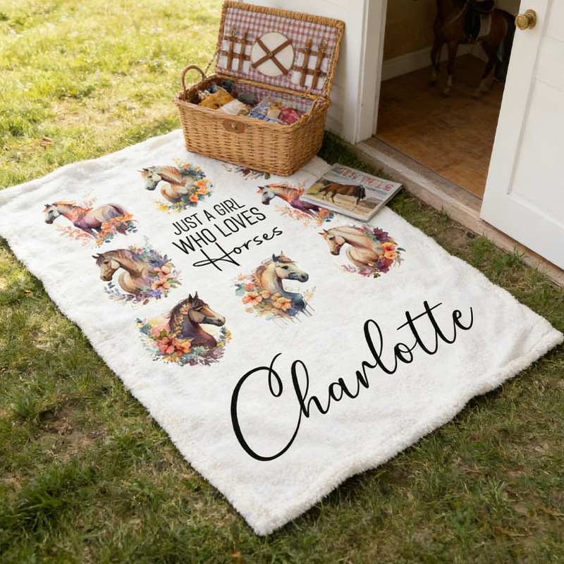 Personalized Horse Blanket Name Just A Girl Who Loves Horse Lover Gift For Daughter Kids Equestrian Themed Throw Blanket for Riding Lovers Equestrian Lovers