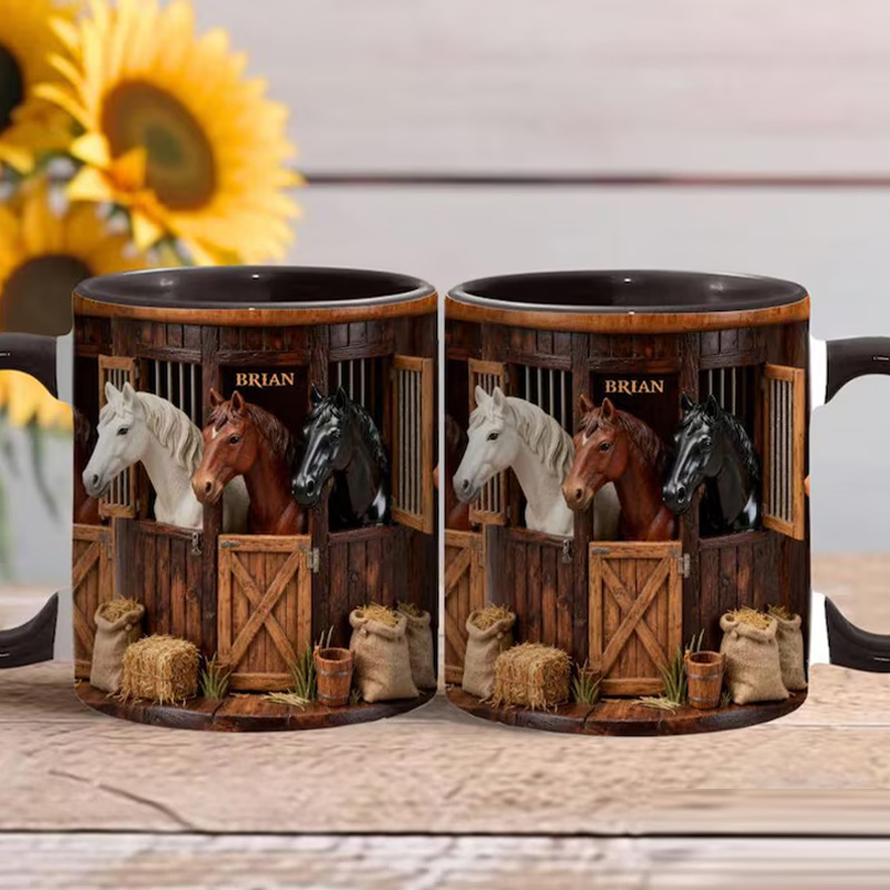 Personalized Horse Farm Accent Mug Horses In Stable Ceramic Cup Gift for Equestrian Horse Riding Lovers