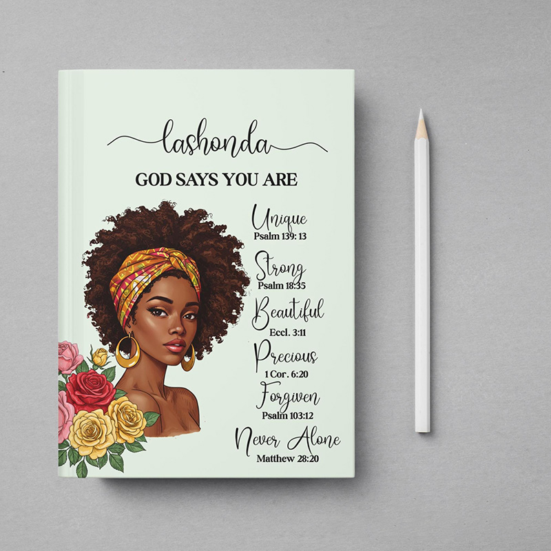 Personalized African American Woman God Says you are A5 Prayer Journal Notebook with Name Gift for Christian Religious Gift for Girls