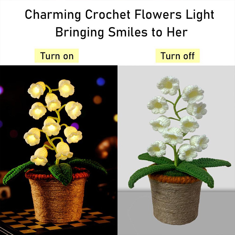 Personalized Crochet Handmade Lily Potted Plant Light Lamp Lilies of the Valley Finished Flower Desk Decoration Valentine's Day Gift For Her