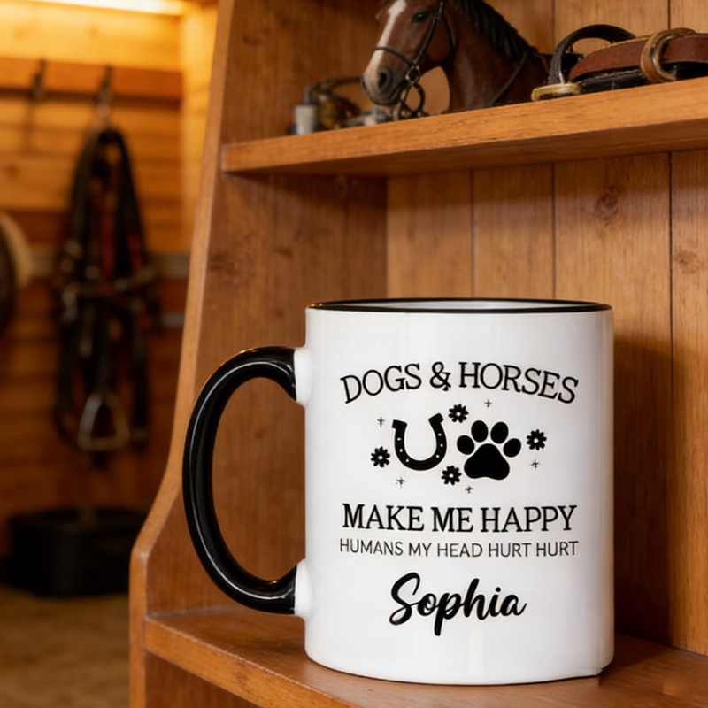 Personalized Equestrian Coffee Mug Dogs and Horses Make Me Happy Mug for Equestrian Horse Riding Lovers