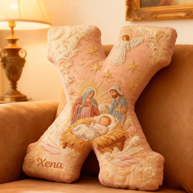 Personalized Nativity Scene Holy Family Letter Pillow with Name Christian Home Decor Religious Gift Graphic 3D Print Pillow