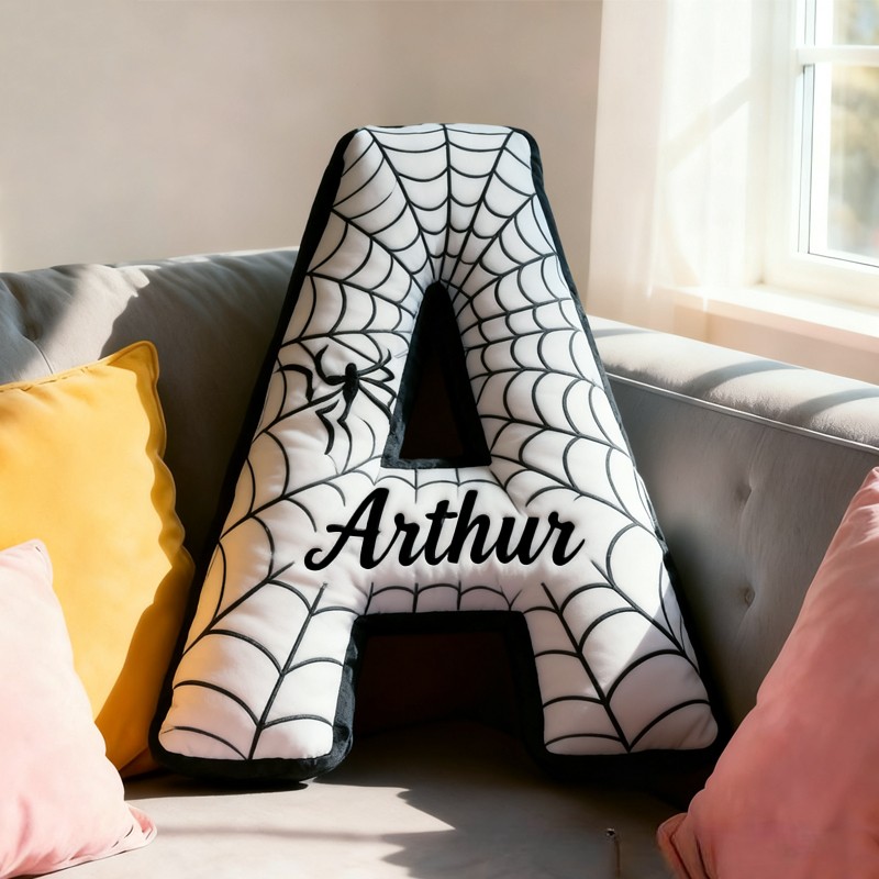 Personalized Cute Black Spider Web Initial Name Pillow Christmas Gift for Kids Family